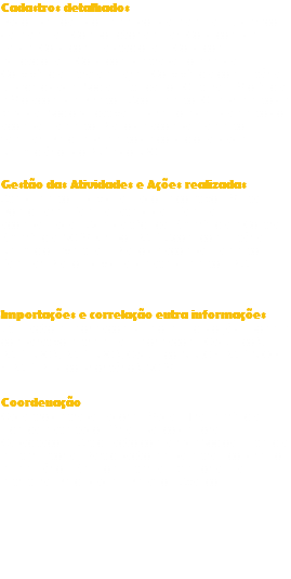 Cadastros detalhados
Dados pessoais dos membros das famílias; Endereço das famílias; Composição familiar; Condições de saúde; Condições habitacionais; Condições educacionais; Condições de trabalho e renda; Convivência intrafamiliares; Convivência comunitária; Especificidades Sociais, Étnicas ou Culturais; Violência e Violações de Direitos; Acolhimento; Cumprimento de Medidas Socioeducativas; Ingresso e desligamento do acompanhamento; Plano de acompanhamento familiar; Descumprimento de condicionalidades; Beneficiários do PBF e do BPC. Gestão das Atividades e Ações realizadas
Atendimentos individualizados e coletivos; Visitas Domiciliares; Famílias atendidas; Famílias acompanhadas; Agenda técnica; Referência e Contra Referência; SCFV; Grupos PAIF; Ações comunitárias; Benefícios eventuais; Plano de acompanhamento Familiar; Plano individual de atendimento – PIA. Importações e correlação entra informações
Utilização e informações que o município já dispõem e comparativo entre essas informações: CadÚnico X PAIF; BPC X PAIF; BPC X CadÚnico; SIBEC x PAIF; SICON x PAIF; Público prioritário X SCFV. Coordenação
Cadastro de trabalhadores; Vagas; Transferências; Licença e atestado; Férias; Banco de horas; Capacitações; Articulação com a rede Socioassistencial e Inter setorial; Participação em palestras, congressos e seminários; Reuniões internas; Melhorias na estrutura; Dificuldades; Desafios; Avanços.